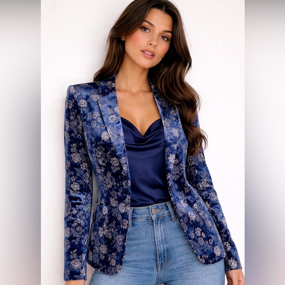 Carolina Belle Blue Floral Velvet Blazer